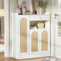 Mueble Zapatero de Ratán 90x35x110 cm con 3 Puertas, 1 Cajón y Estantes Ajustables, para Entrada, Blanco