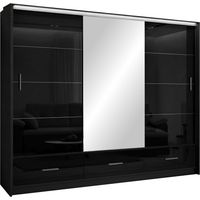 Armoire Honolulu 203, Noir + Noir brillant, 222x255x61cm, Portes d'armoire: Coulissantes, Nombre d'étagères: 0, LED: Disponible