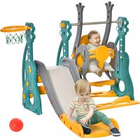 Toboggan et balançoire pour enfants 4 en 1 avec panier de basket, siège réglable, 152x149x107cm, bleu et jaune-Bleu, gris, jaune
