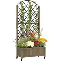 Raised Garden Bed with Metal Trellis, Wooden Elevated Planter Box w/Lockable Wheels, Outdoor Raised Planter, Carbonised