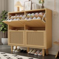 Platzsparend Schuhkipper mit 4 Klappen, Retro Schuhschrank aus Rattan & Eiche, Schmaler Schuhkommode mit Metallgriffen für Flur & Entree, Landhausstil, 100x25x90cm