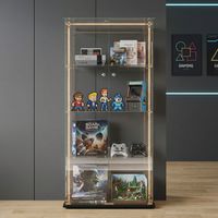 Vetrina in vetro a 4 ripiani con 2 ante, mobile espositore con striscia luminosa LED e serratura, armadio in vetro temperato, 78,5x35x163 cm, stile moderno, Nero