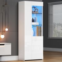 Vitrine 70 x 35 x 180 cm avec tiroirs, vitrine laquée brillante, vitrine vitrée avec éclairage LED, armoire haute, armoire haute avec tiroirs, vitrine autoportante, rangement compartimenté, charge max