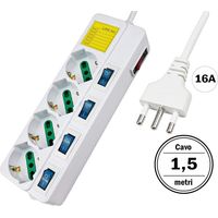 Multipresa Ciabatta Elettrica Con 4 Posti Prese Schuko 10/16A + 5 Interruttori On Off Indipendente Cavo Da 1,5 Metri