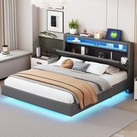 Cama 160 x 200 cm - estructura de cama con toma USB y LED - con somier de láminas y cabecero reversible - tejido de lino - gris
