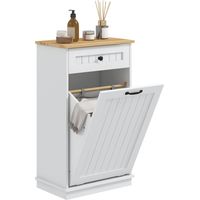 Mobiletto Bagno in Legno con Cesto Portabiancheria in Tessuto Ribaltabile e Cassetto, Bianco