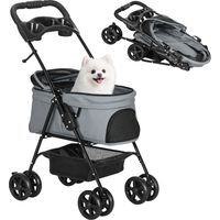 Carrito para Perros Pequeños con Ruedas Universales Cesta de Almacenaje Correas de Seguridad y Ventanas 67x45x96 cm Gris
