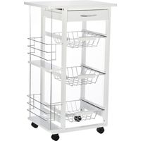 Carrello da cucina salvaspazio in legno di pino bianco, portavivande con 4 ruote, cassetto e 3 cesti estraibili, portafrutta