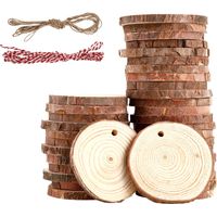 40 x Decorative Wooden Logs, 5-6 cm, Natural Wood Slice, Comes with 2 Cotton Ropes, Perforated Log, for DIY, Crafts, Weddings, Holiday Decorations
