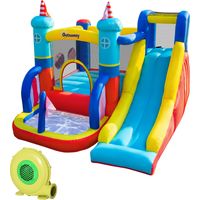 Château Gonflable 4 en 1 Enfants 3-8 Ans, Toboggan et Piscine, 265x260x200cm