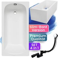 Badewanne Rechteck 160x70 mit Wannenträger, Ablaufgarnitur & Füßen GRATIS - Komplettset 4in1 Original Acryl Wanne Siphon - BADLAND CLASSIC SLIM