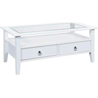 Altobuy – Table basse rectangulaire en pin massif vernis blanc – Dimensions 115x60xH45 cm – Plateau en verre sécurit – 2 tiroirs de rangement