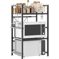 Adjustable three-layer microwave oven rack with 6 hooks - black