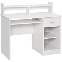 Scrivania Computer Compatta en Legno Bianco avec Ripiano Tastiera Estraibile e Mensole 104x48x95.5cm