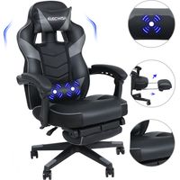 Puluomis – Chaise gaming ergonomique avec dossier réglable 90°-150° – Repose-pieds et coussin lombaire à massage USB – Cuir PU – Charge max 150kg – Gris