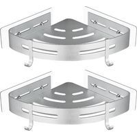 Étagère de douche d'angle en métal sans perçage, 2 pièces, avec 2 crochets de douche, support autocollant antirouille pour fournitures de salle de bain (argent)