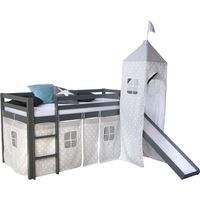 Lit mezzanine 90x200cm avec échelle toboggan en bois gris avec tissu étoile et tour LIT06175