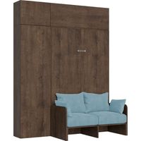 Lit double escamotable français Kentaro 140 cm avec canapé et meubles en noyer, bleu clair