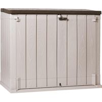 Toomax Stora Way Plus XL Baule da 1270L portattrezzi effetto legno grigio talpa/marrone in plastica resistente 145x85x124,5h, porta bidoni spazzatura, chiusura a chiavistello, ideale per giardino