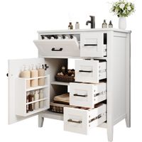 Meuble de salle de bain autoportant 76×46×90 cm, surface laquée, quatre tiroirs silencieux, rangements sur porte, poignées noires et vasque en céramique intégrée, blanc.