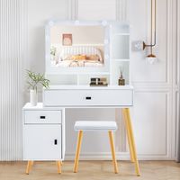 Clipop – Coiffeuse blanche avec miroir LED réglable – 6 étagères ouvertes, 2 tiroirs, armoire – Panneau MDF imperméable, télécommande USB