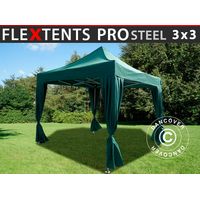 Gazebo pieghevole FleXtents PRO Steel 3x3m Verde, incl. 4 tendaggi decorativi