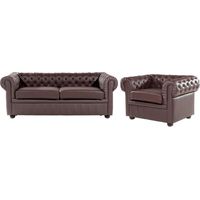 Ensemble Canapé et Fauteuil en Cuir Marron Dossier à Points Diamant Chesterfield