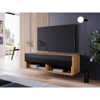 Mueble de TV Lowboard A 100 cm, mueble de televisión sin iluminación LED, dos estanterías, color wotan / negro brillo