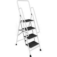 4-stufige Klappleiter aus Stahl mit Handlauf und rutschfester Matte, faltbar, belastbar und tragbar, Weiß, H 160 x B 54 x T 83 cm