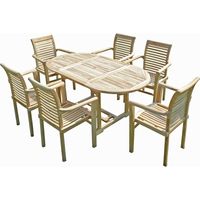 C&L Jardin – Ensemble table et 6 fauteuils empilables en teck massif – Dimensions table 110/170 x 90 x 75 cm – Rallonge papillon 60 cm – Assemblages tenon/mortaise