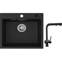 Cecipa Evier 1 Bac Quartz Noir 50x45cm Evier de Cuisine en Quartz Evier de Cuisine en Granit + Robinets Cuisine avec Douchette Extractible, Mitigeur d'évier Noir