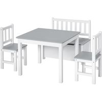 Mesa Infantil con 2 Sillas y Banco Juego de Muebles para Actividades para Niños de +3 Años para Dormitorio Gris y Blanco