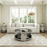 Table basse en verre noir double plateau 80 cm piètement acier argenté