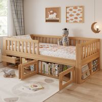 Lit enfant - 90x200 cm - Rangements, tiroirs, barrières de sécurité - Bois - Bois naturel