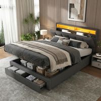 Lit coffre 140x190, lit double adulte avec 2 tiroirs, tête de lit rangement et LED, sommier à lattes, structure en tissu lin, Gris