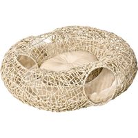 Cama para gatos ratán 78x69x22 cm cesta rolliza cojín suave 3 orificios acceso túnel madera natural