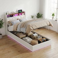 Lit coffre 90x200 cm, lit simple avec sommier à lattes, tête de lit avec rangement, port USB et éclairage LED, lin capitonné - Beige