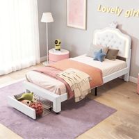 Cadre de lit simple 90x200 cm pour fille, Lit enfant 90x200 cm avec tiroirs, Tête de lit couronne réglable avec éclairage LED, sommier à lattes, PU, Blanc