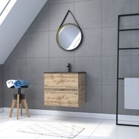 Mobile da bagno 60cm Da appendere 2 Ante Rovere Lavabo Nero + Specchio Barbiere