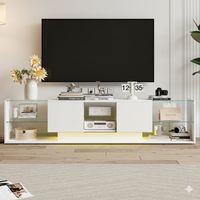 Mueble para TV LED - 200 x 35 x 45 cm - Estantes de vidrio templado y almacenamiento oculto - Iluminación RGB conectada - Lacado brillante - Blanco