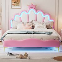 Cama dobel 140x200 cm, Cama Crown Princess, Cojín de cuero PU suave, Barre Lumineuse d'ambiance LED réglabel, ideal para Enfants y Adoloscents, Rosa