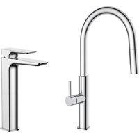 Set miscelatore lavabo alto, senza scarico + miscelatore cucina con doccetta estraibile a 2 getti, cromato (SATBSBD285)