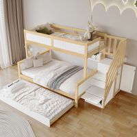 Letto a castello bambini 90x200 cm e 120x200 cm con letto aggiuntivo, armadio, scala d'angolo e sponda, bianco e naturale