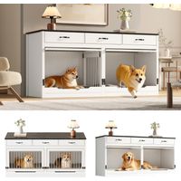Caisse pour chien bois métal, niche d'intérieur 2 chiens, toit ouvrant, séparation amovible, 3 tiroirs, blanc noir, XXL, 164x60x81 cm
