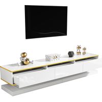 200 cm TV Stand with 3 Drawers, High Gloss Warm White, Gold Trim – Large Storage, Low Profile