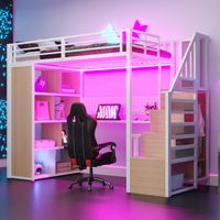 Lit mezzanine en métal, avec penderie et compartiments de rangement, échelle, bureau avec prises électriques européennes, tôle perforée et bande lumineuse LED, grand placard de rangement, lit simple