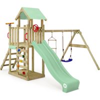 Wickey Spielturm Klettergerüst MultiFlyer Light, Schaukel & Rutsche, Outdoor Kinder Kletterturm mit Sandkasten, Leiter & Spiel-Zubehör für den Garten - pastellgrün