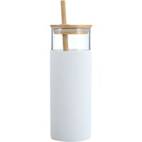 Glass Water Bottle with Bamboo Straw and Lid, Wide Mouth Water Tumbler,Straw Silicone Protective Sleeve BPA FREE