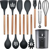 Set de 12 Ustensiles de Cuisine en Silicone Alimentaire – Résistants à 446℉, Antiadhésifs, avec Manches en Bois, Cuillère et Spatule