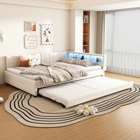 Sofá cama de lino beige 140x200 cm con cama extraíble, USB, puerto Tipo-C, LED y somier de láminas